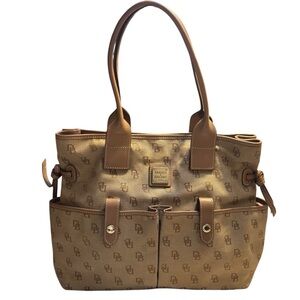 Dooney & Bourke Tote Bag Vintage 1975 Brown Tan Logo Leather Canvas Gold-tone